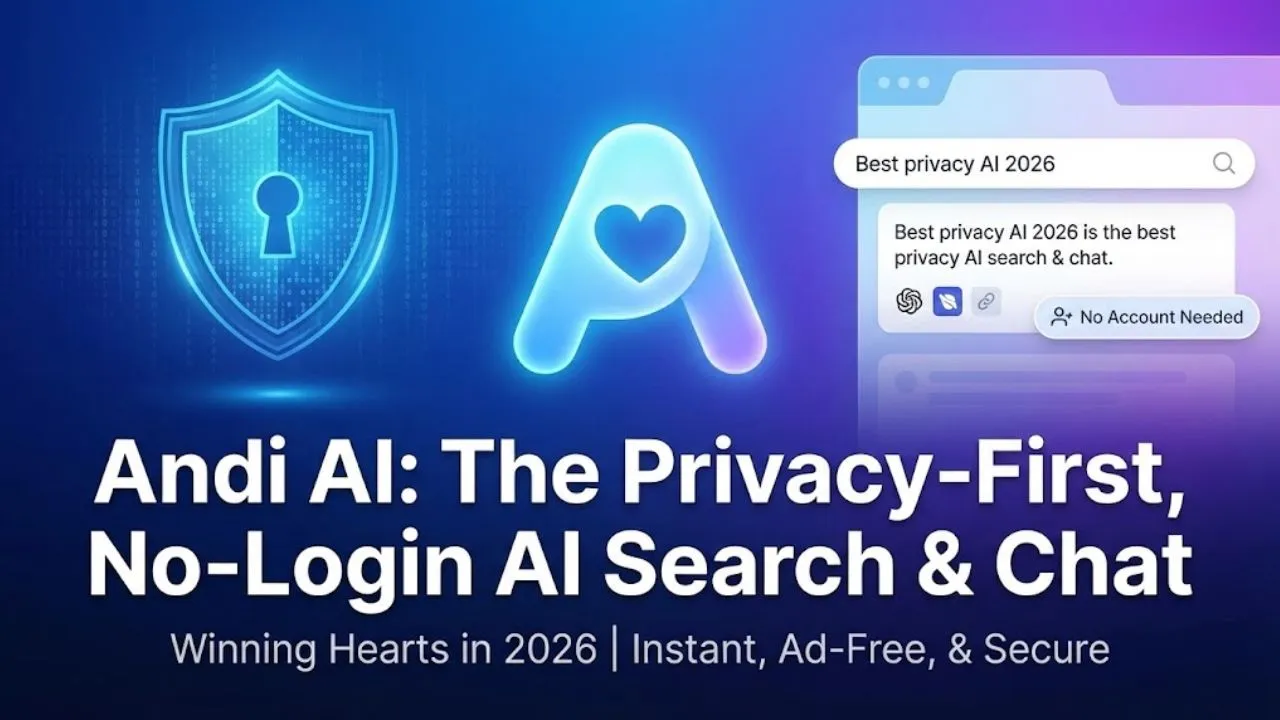 Andi AI interface showing privacy-focused, ad-free, no-login search and chat with live web citations, PDF uploads, and fast responses