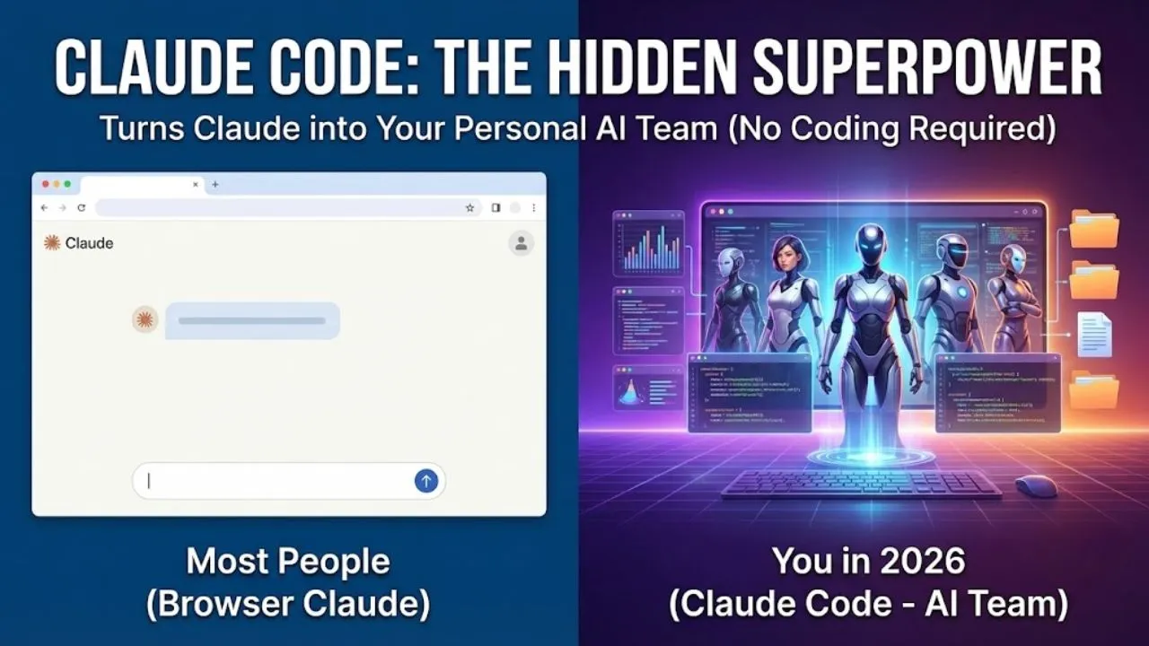 Illustration showing Claude Code desktop app with AI agents, file access, persistent memory, CLI commands, and automated content workflows in 2026
