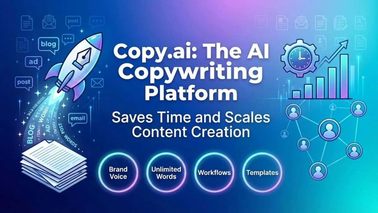 Copy.ai dashboard showing AI-powered copywriting tools for marketing, blogging, ads, and business content creation