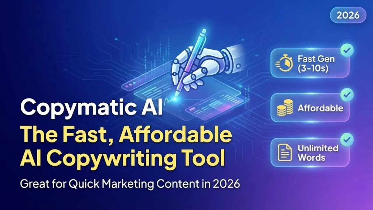 Screenshot of Copymatic AI generating social media captions, product descriptions, and ad copy instantly for marketers and freelancers.