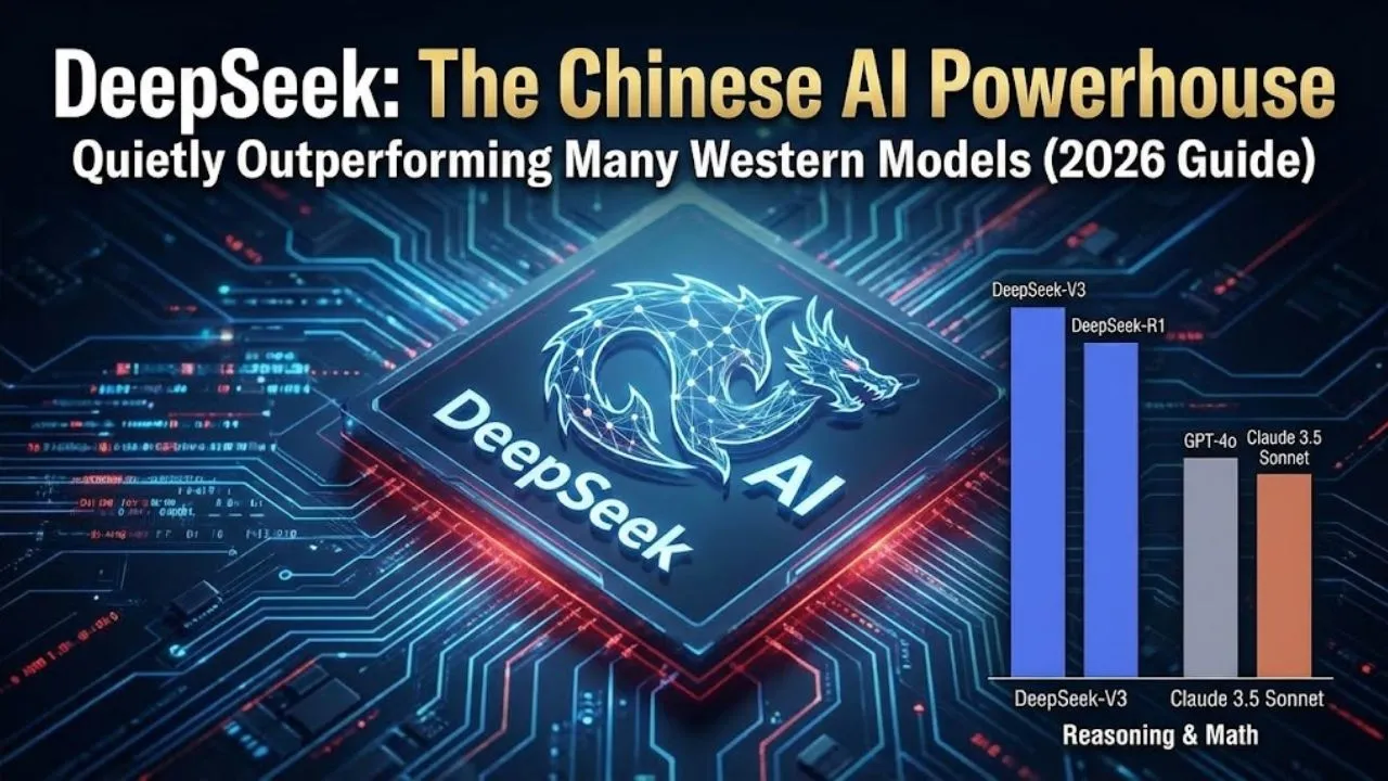 DeepSeek AI open-source models V3 and R1 showing strong reasoning, math, and coding performance while outperforming many Western AI models in 2026