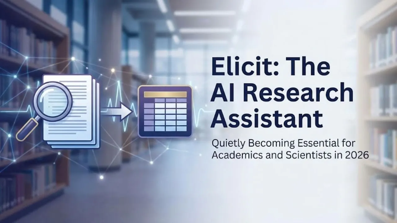 Elicit AI interface showing academic paper search, table extraction of study data, PDF analysis, and AI-powered literature review assistant