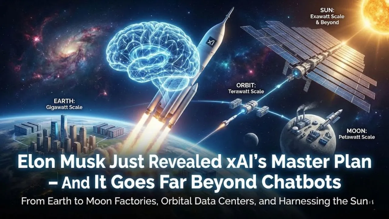 Elon Musk revealing xAI's master plan to scale AI infrastructure from Earth-based data centers to orbital clusters and Moon factories.
