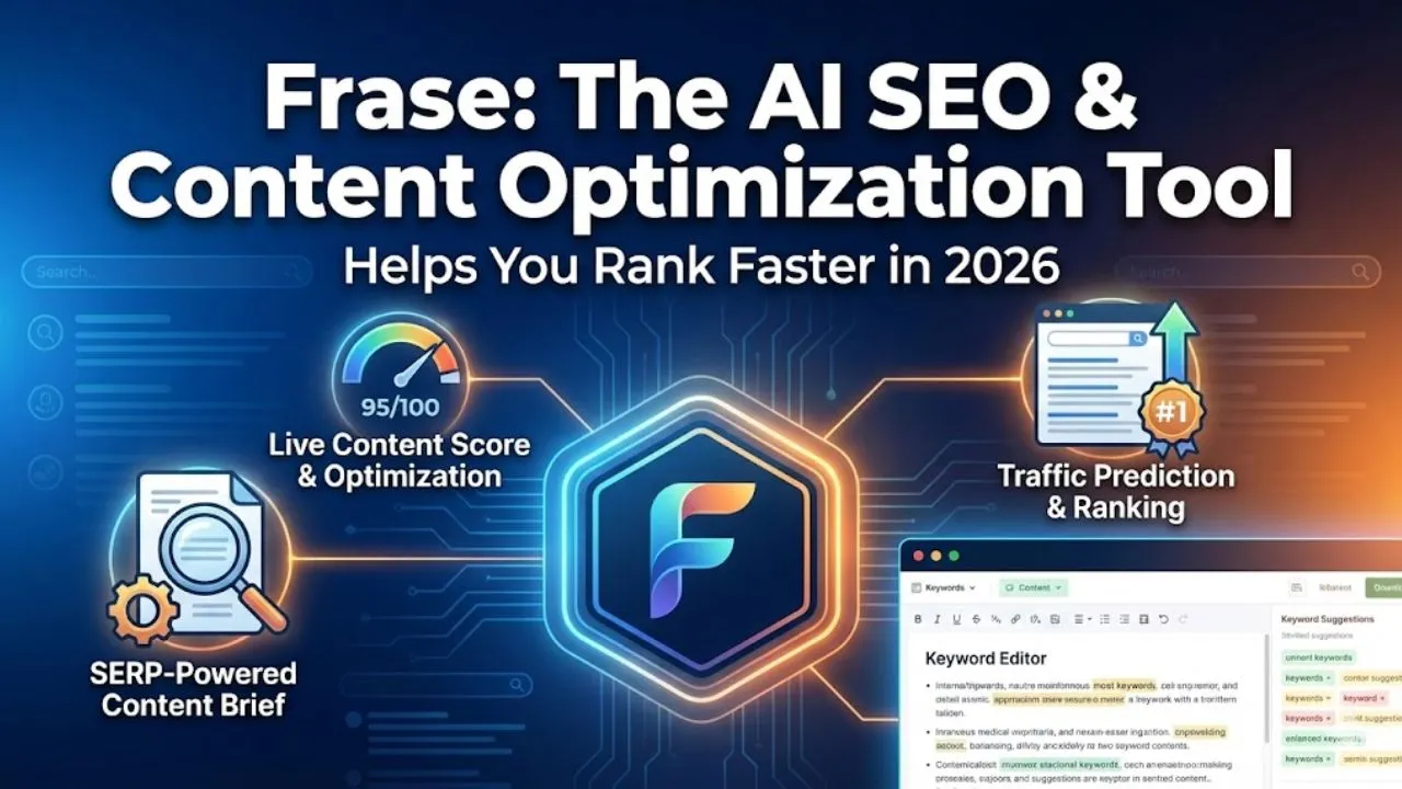 Frase AI 2026 – SEO content tool with SERP analysis, live content score, keyword research, traffic prediction, and AI article writing