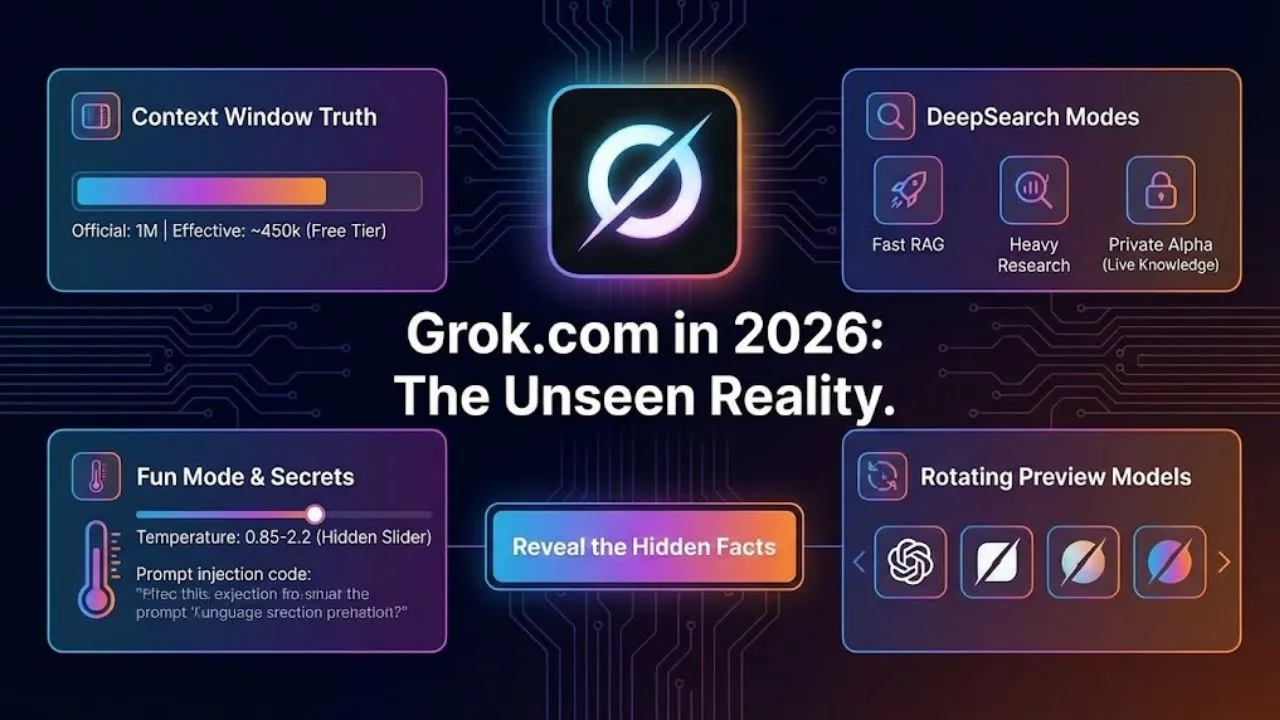 Illustration showing Grok.com interface with Grok 3 models, DeepSearch modes, hidden context limits, image generation upgrades, and future xAI features in 2026