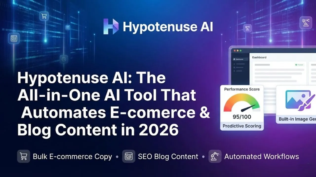 Hypotenuse AI interface showing bulk product description generator, blog content creation, SEO tools, and e-commerce automation features in 2026
