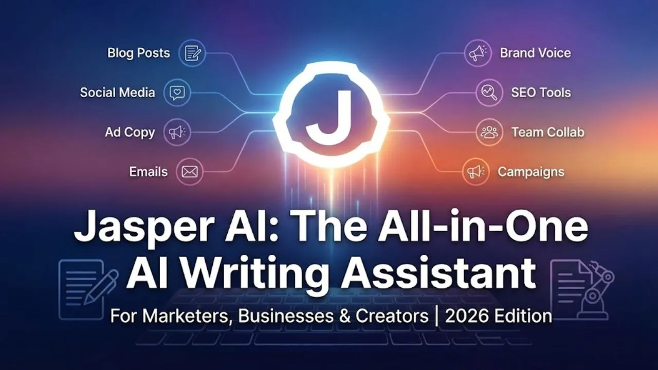 Jasper AI writing assistant helping marketers and businesses create blogs, ads, emails, and brand consistent content using AI