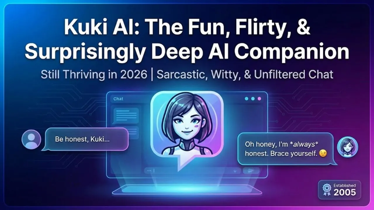 Kuki AI companion known for sarcastic humor, flirty personality, long term memory, and unfiltered conversations across chat platforms in 2026