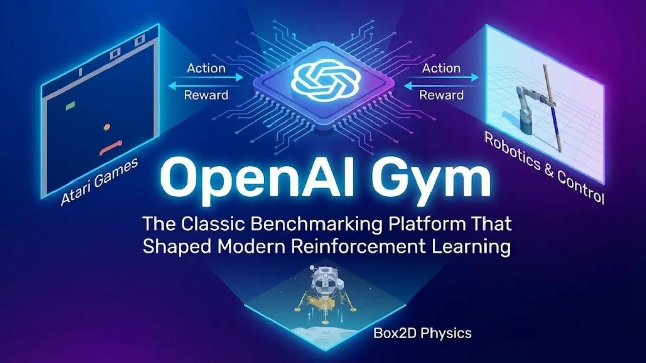OpenAI Gym reinforcement learning toolkit with classic control, Atari, Box2D, and MuJoCo environments for training and benchmarking RL agents