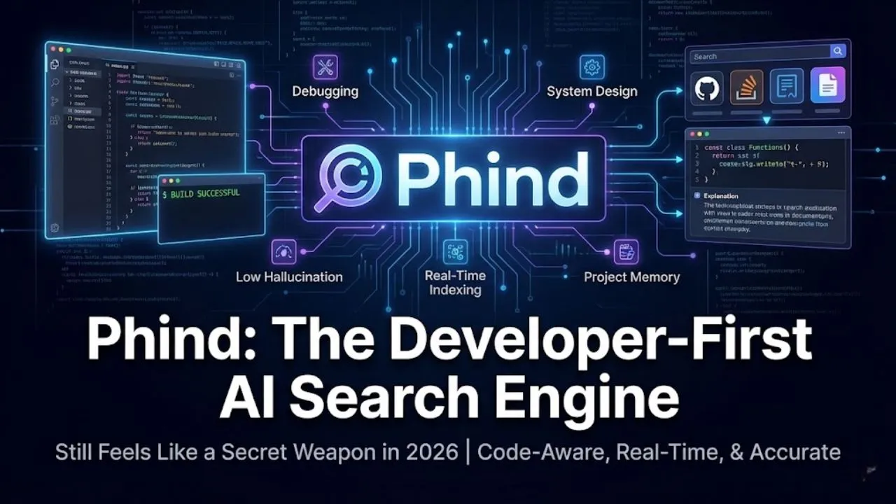 Phind AI interface showing code-first answers, real-time GitHub search, stack trace debugging, and developer-focused AI search tools