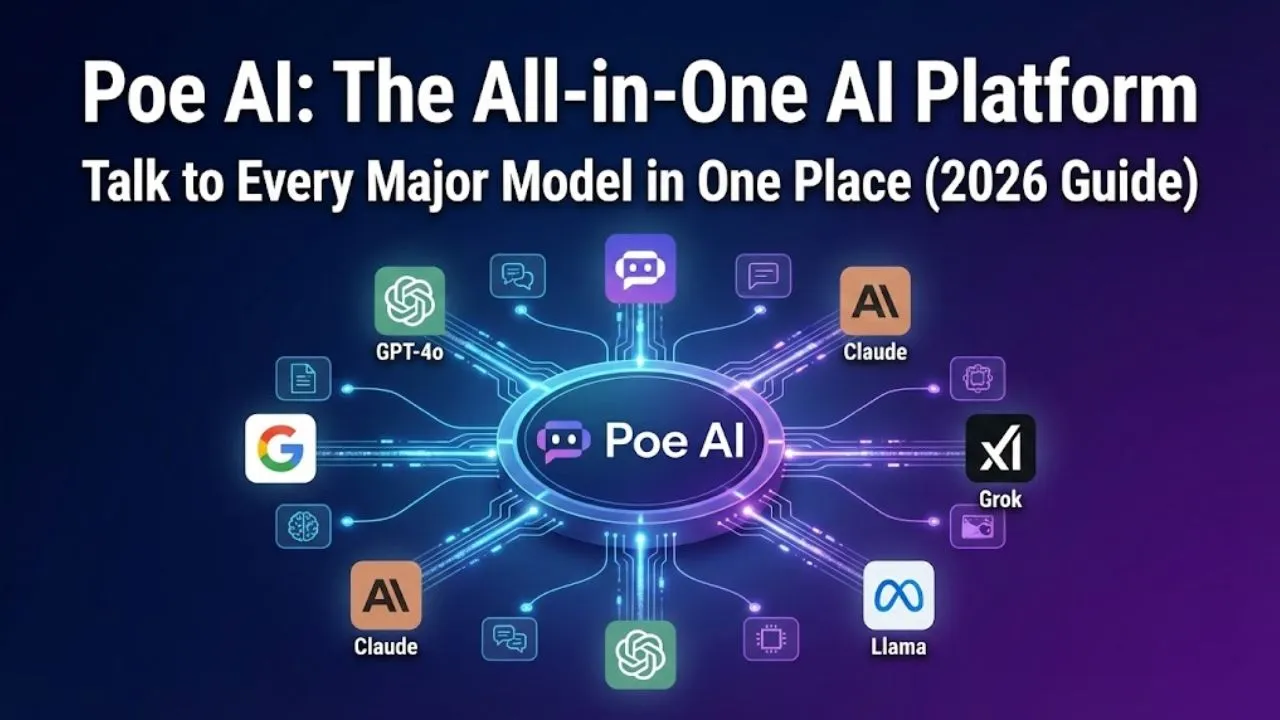 Poe AI platform showing side-by-side chats with GPT-4o, Claude, Gemini, Grok, and Llama, letting users compare AI model responses in 2026
