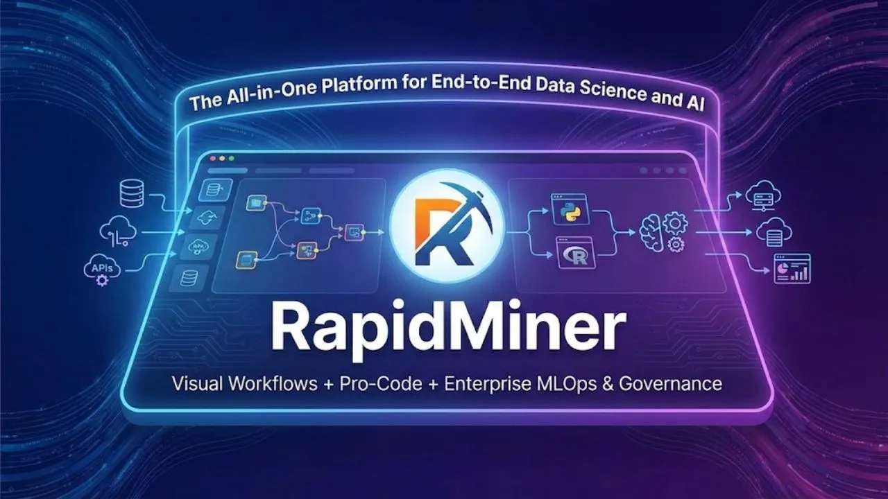 RapidMiner platform for end-to-end AI and data science, featuring AutoML, visual workflows, XAI, MLOps, and multimodal AI capabilities