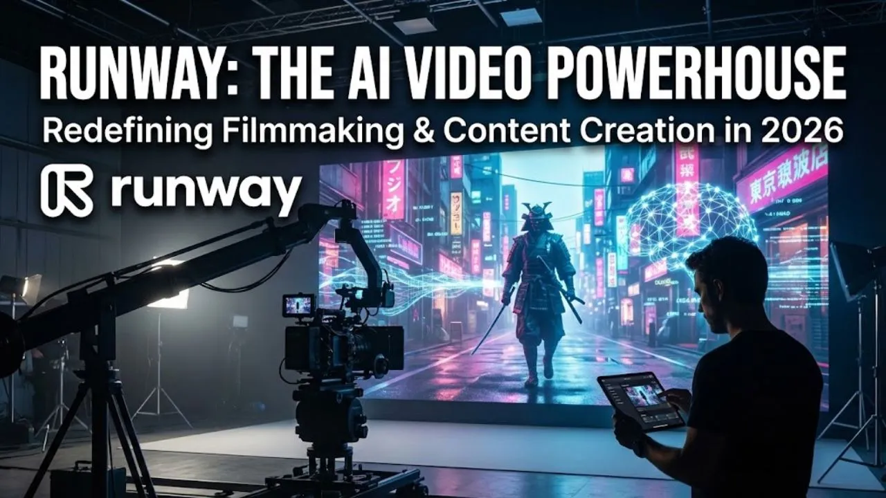 Runway AI platform showing Gen-3 Alpha video generation, cinematic motion control, Act-One character animation, and creative filmmaking tools in 2026