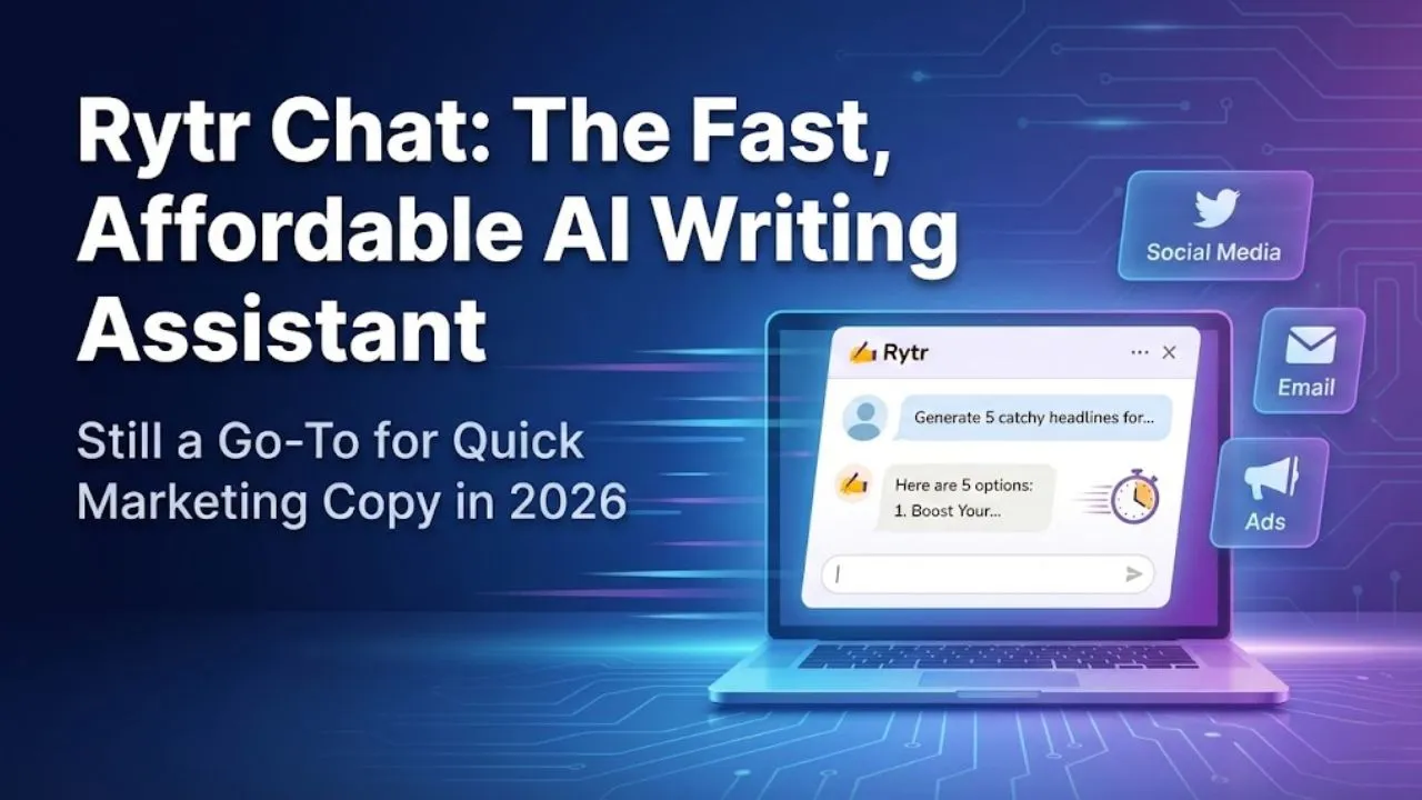 Rytr Chat interface generating social media captions and marketing copy with tone selection and fast AI writing tools