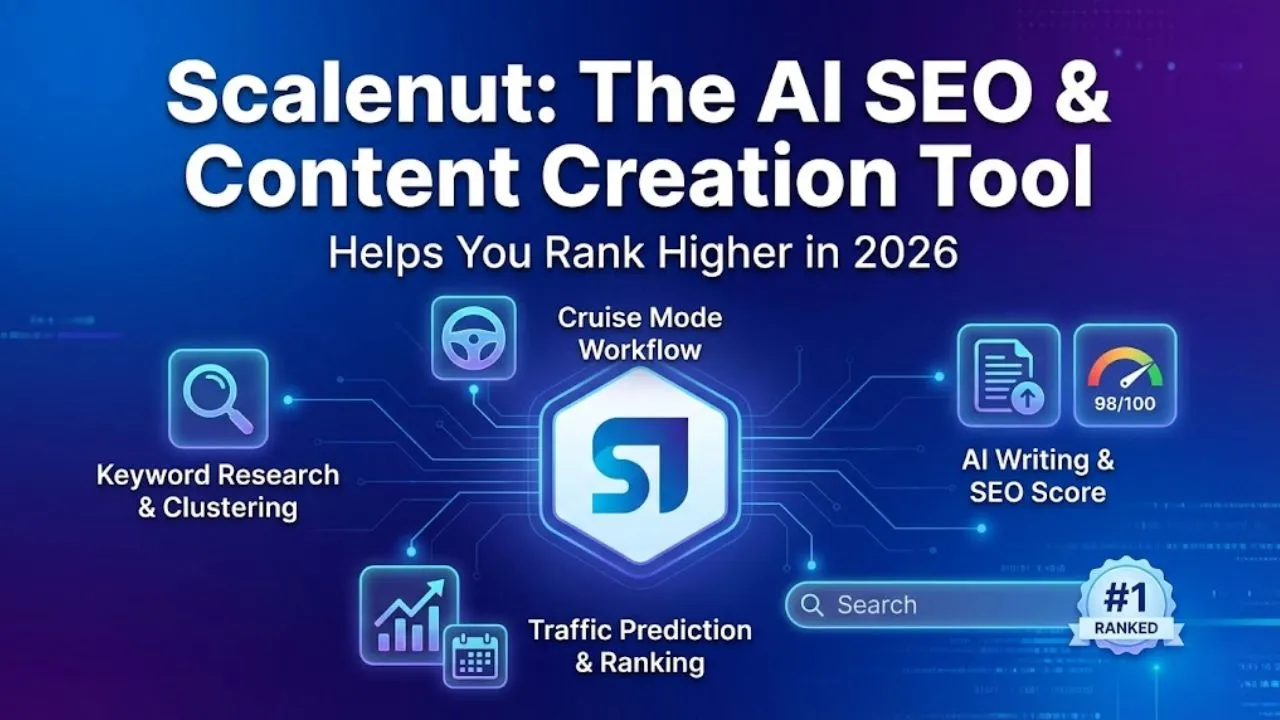 Scalenut AI 2026 – SEO content platform with Cruise Mode, keyword clustering, live SEO score, traffic prediction, and AI blog writing