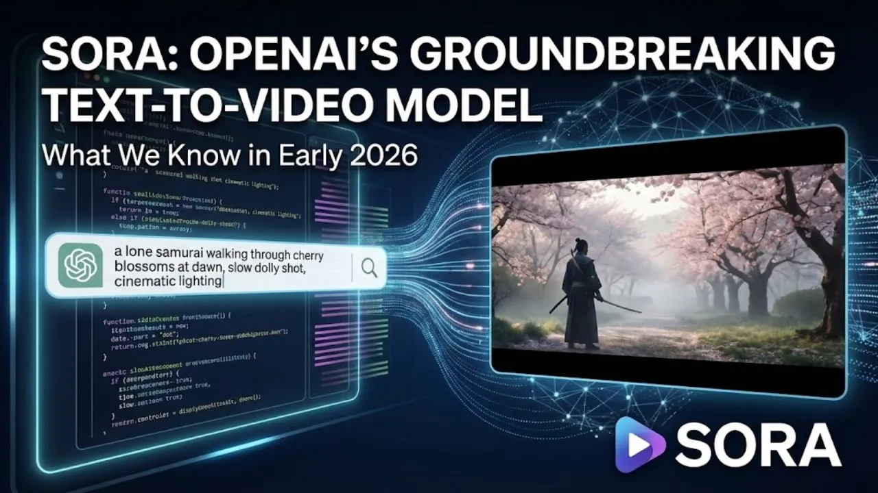 Sora by OpenAI generating cinematic text-to-video scenes with realistic motion, multi-shot storytelling, and AI filmmaking features in early 2026