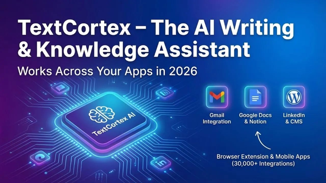 TextCortex AI browser extension showing content writing, rewriting, and knowledge assistant features inside Gmail, Google Docs, LinkedIn, and WordPress in 2026