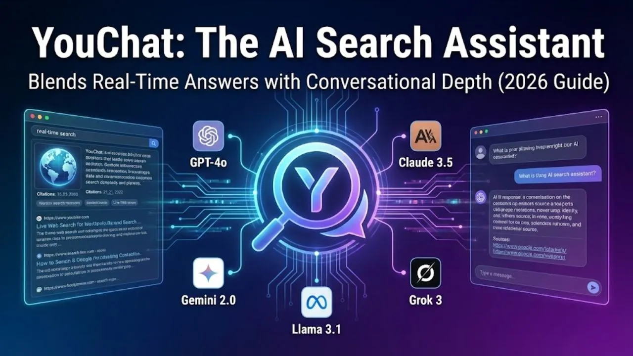 YouChat AI search assistant combining real time web results, citations, and conversational chat with GPT, Claude, Gemini, and other models in 2026